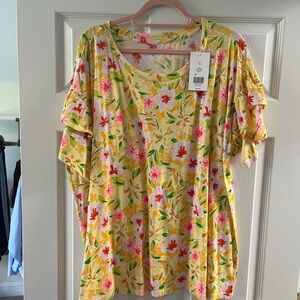 Crown & Ivy Yellow Floral Short Sleeve Ruffle Tee